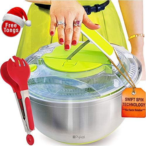 Stainless Steel Salad Spinner with SWIFT-SPIN Technology (FREE Premium Grade Tongs) | High-Lift Handle System is easy on hands and provides Extra Throttle and Fast Dry Action, BPA-Free by Pykal
