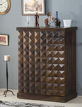 SS WOOD Furniture Wooden Door's Diamond Design Brown Bar Cabinet with Wine Glass Storage(90 * 50 * 123) cm