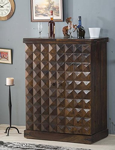 SS WOOD Furniture Wooden Stylish Doors Diamond Design Brown Bar Cabinet with Wine Glass Storage(90 * 50 * 123) cm