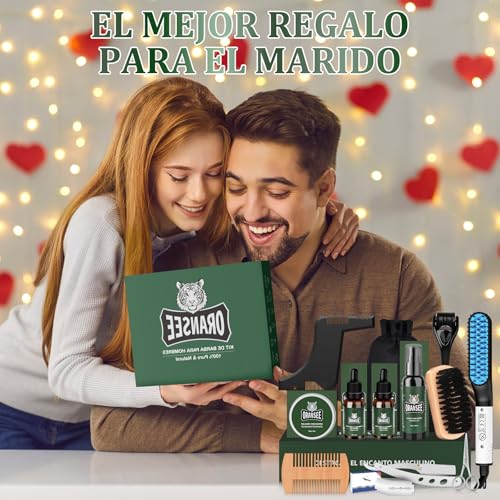 OranSee Kit Cuidado Barba 13 en 1 para Hombre, Incluye Alisador, Rodillo Microagujas, Aceite, Bálsamo y Accesorios para Crecimiento, Estilizado Natural, Juego de Regalo Hombre, Papa, Esposo, Amigo