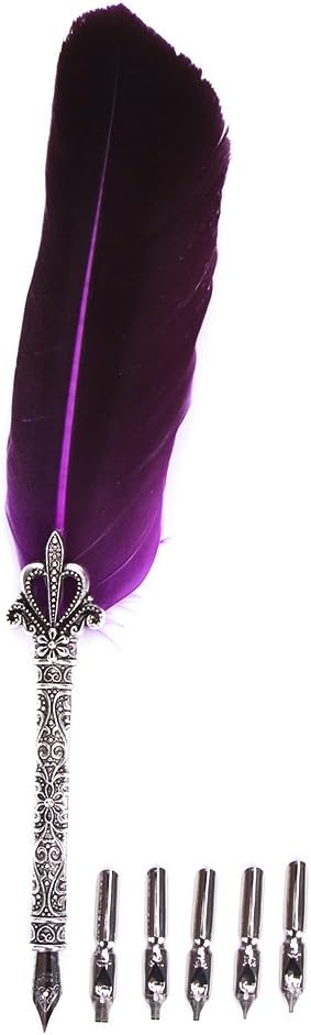 Suiez Creative Feather Pen Set Quill Pen Feather Ballpoint Ink Dip Pen With 5pcs Nibs in Different Size (Purple)
