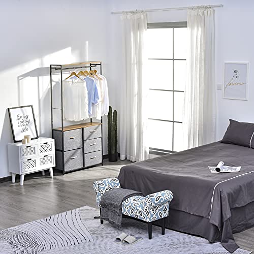 Small Linen Upholstered Ottoman Bench Rolled Arm End Chair, Wood Legs Blue Grey Paisley