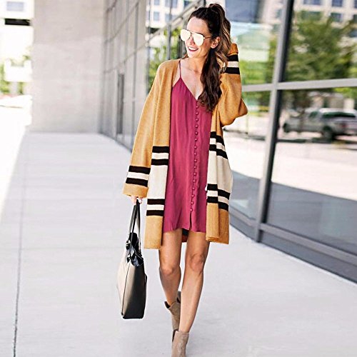 ZOMUSA Hot Sale Women Autumn Winter Long Sleeve Loose Casual Striped Sweater Cardigan Coat (Free Size, Khaki)