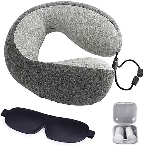 Memory Foam Travel Pillow - Airplane Neck Pillow with Washable Cover, Ear Plugs and Eye Mask for Superior Comfort Breathable Pillow Gray by The Comfort Brand