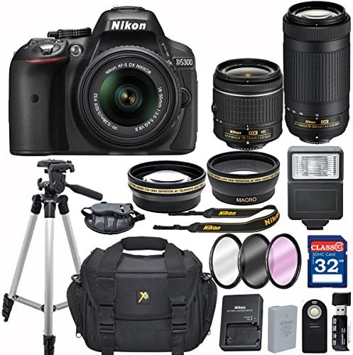 Nikon D5300 DX-format Digital SLR w/ AF-P DX NIKKOR 18-55mm f/3.5-5.6G VR and 70-300mm F/4.5-5.6G DX Lens + 32GB Memory Accessory Bundle – International Version