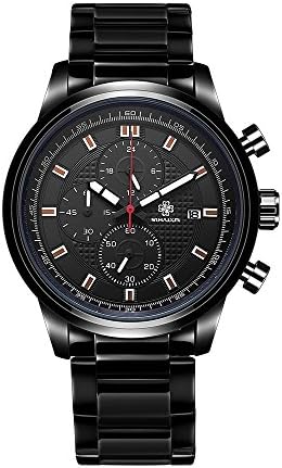 Watches Men Fashion Sports Quartz Stainless Steel Mens Watches Analog Display Chronograph Clock Date Full Steel Business Waterproof Watch Black by SIHAIXIN (Black black)