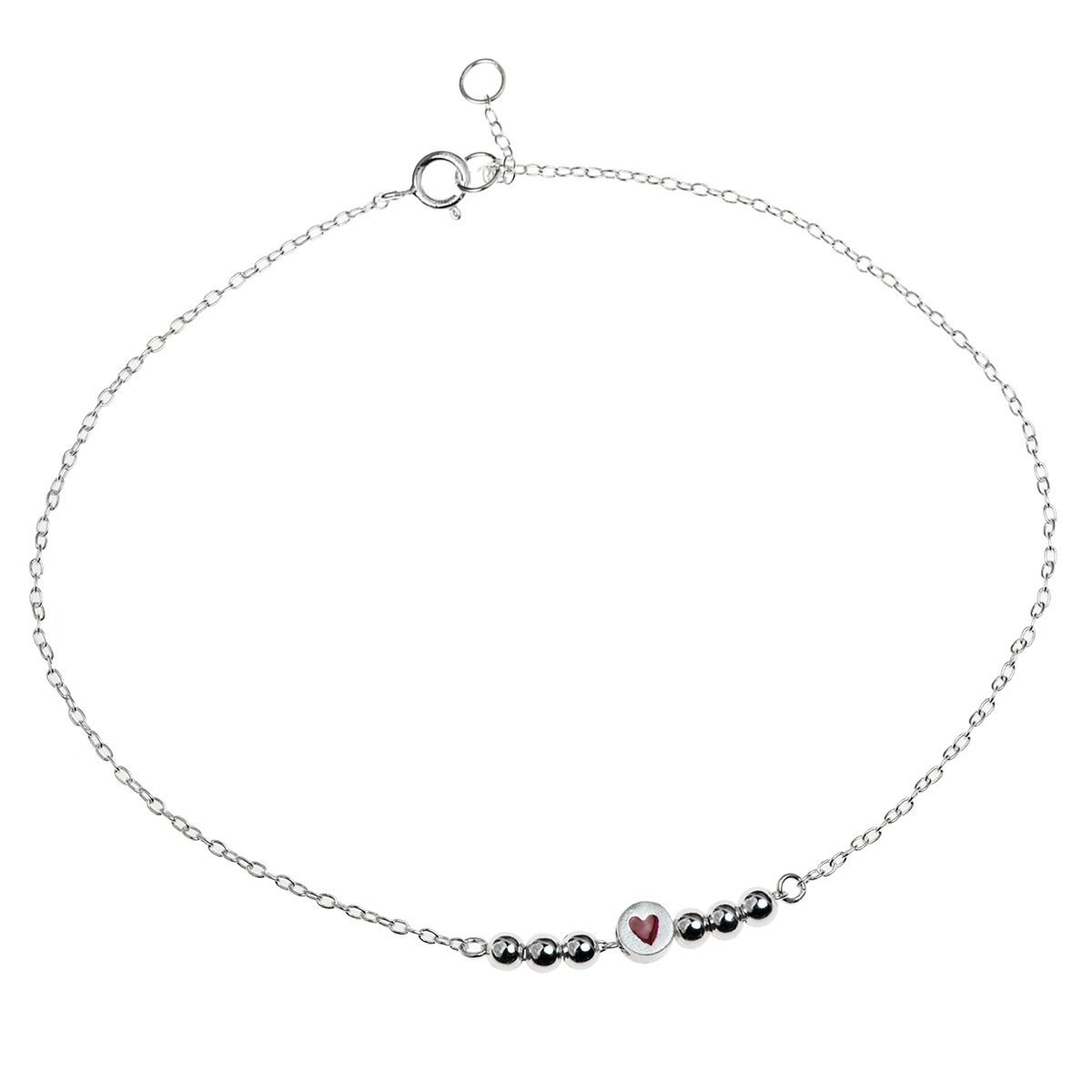 Queenberry Sterling Silver Round Satin Love with Red Enamel Heart Rolo Cable Adjustable Anklet