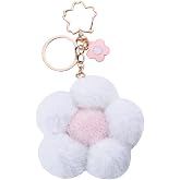 White Flower Plush Keychain for Backpack Charms for Women Girls Cute Fluffy Keychain for Purse Charms for Handbags Kawaii Bag Keychain Accessories for Women Girls Flower Keychain for Car Keys