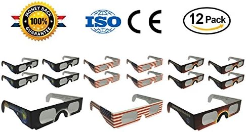 Solar Eclipse Glasses 2017 - CE and ISO Certified - Eye Glasses for The Eclipse - Eclipse Viewing Glasses -Glasses to View Solor Eclipse - Safe Solar Viewing - Cool Style and Look - 12pk with 3 Models