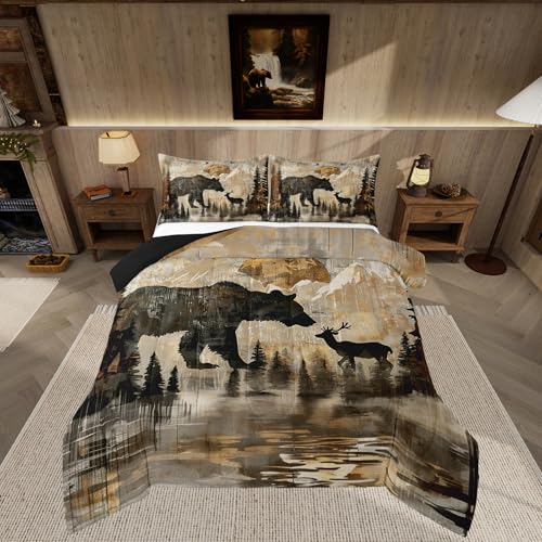 Feelyou Rustic Bear Deer Comforter Set Farmhouse Forest Wildlife Animal Bear Bedding Set Full Size for Kids Boys Girls Moon Mountain Animal Duvet Quilt at Amazon