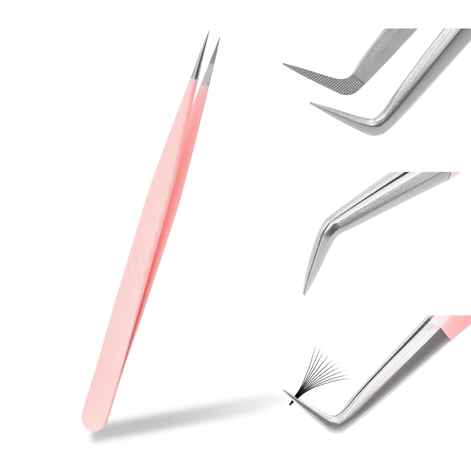 Independent Tweezers Eyelash Extension, Pink Stainless Steel Curved Tip Professional Eyelash Tweezers Striped FADVAN(Straight Shape)
