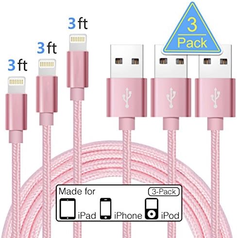 Lightning Charger, Mushion 3 Pack 3.3FT iPhone Charger Durable Nylon Braided Cord Lightning to USB Cable Charger for Apple iPhone 7/7 Plus/6/6s/6Plus/6s Plus/5/5s,iPad iPod iPod Touch(3 PACK-Pink)