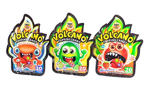 Family Volcano Popping Candy Variety - 3 Pack Bundle (Strawberry, Green Apple, Cola), 20 Pouches Each, 60 Pouches Total