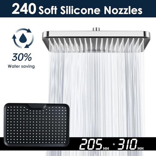Ronvie 12 Inch Large High Pressure Water-Saving Square Rain Shower Head, Chrome Fixed Overhead Ceiling Showerhead with Adjustable Ball Joint G1/2” Universal Fitting Bathroom Easy Installation