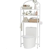 Cerlyunzan 3 Tier Over The Toilet Storage Rack, Bathroom Organizer | Toilet Storage with 4 Hooks &amp; Paper Holder, Space-Saving, Freestanding Bathroom Shelf, Metal, White