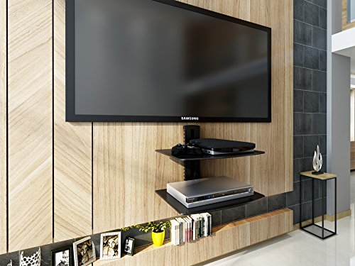 FITUEYES 2 Tiers Floating Shelves for Wall Under TV DVD Shelf Wall Mount Shelves Hold up to 22lbs Tempered Glass for PS4, Xbox, Game Console and Cable Box Black