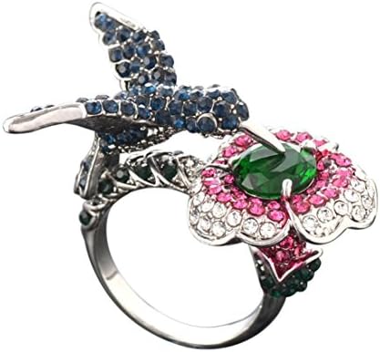 Aniywn Fashion Trend Creative Three-Dimensional Sapphire Hummingbird Forage Wedding Ring Size 6-9 (9#, Colorful)