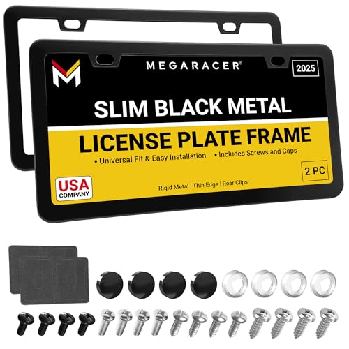 Premium Slim Matte Black License Plate Frames – 2 Pack, Rust-Free Stainless Steel & Rattle-Free, Street Legal, Universal with Screw Caps, Thin Metal Front & Rear Car Tag Holders for Men & Women