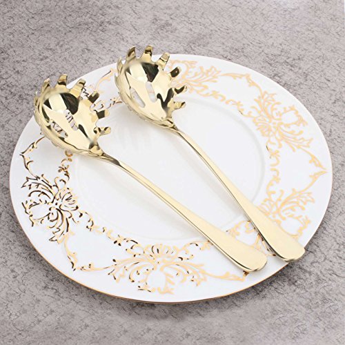 2 Piece Spaghetti Pasta Fork Noodle Serving Spoon Drains Serves Set 9.8-inch Stainless Steel Kitchen Tool Dishwasher Safe (Gold)