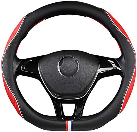 Car steering wheel cover,D Type Genuine Leather Breathable Non-Slip Flat Bottom Shaped Steering Wheel Cover fits for SUV,Cars,Red