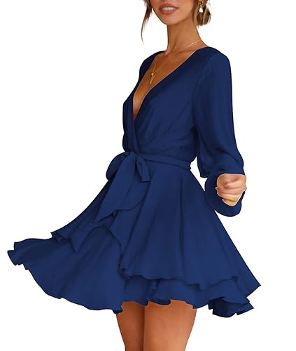 Womens Mini Dress Deep V-Neck Tie Waist Double Layer Short Dresses - Main Image