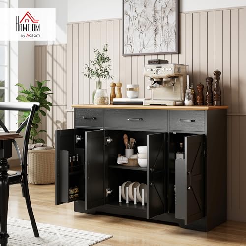 HOMCOM Farmhouse Sideboard Buffet Cabinet with Soft-Close Hinges, 47" Coffee Bar Cabinet with 3 Drawers and 3 Adjustable Shelves, Kitchen Pantry with Spice Racks, Black Wood Grain