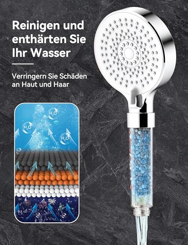 Magichome Shower Head with Filter, 5 Jet Types, High Pressure Hand Shower Filter | Duschkopf Wassersparend mit 3 Schichten Filtration Mineralstein, Duschkopf Filter für hartes Wasser, Entfernt Chlor & Kalk