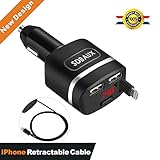 Car Charger,SDBAUX Quick Charge 4.8A/24W LCD Digital Display with 2.8 ft Retractable Cable Compatible/Replacement for iPhone XS Max XR X 8 7 6 Plus 5s and 2 USB Port for All USB-Powered Devices