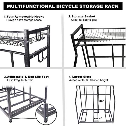 Mythinglogic Bike Rack, Bicycle Holder with Baskets Collection Organizer and 4 Hooks, 3 Bicycle Floor Parking Stands, Bike Storage Stand, Bike Rack Garage, Free Standing Bike Rack, Indoor Bike Rack