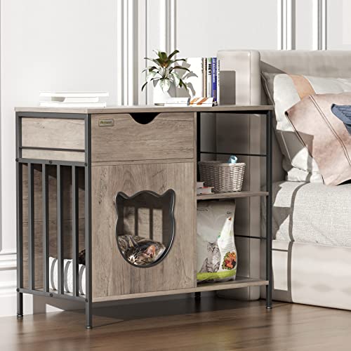 Cat Furniture Cabinet Enclosure,Cat House for Indoor Cats Side Table,Wooden Cat Cabinet with Drawer, Cat Home End Table with Storage Shelf, Nightstand,Grey