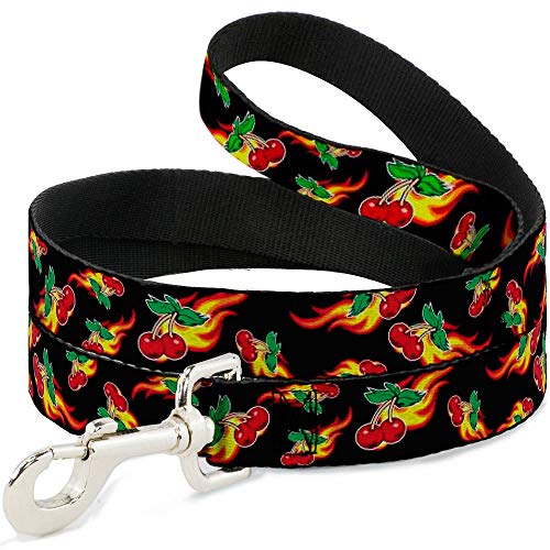 Dog Leash Flaming Cherries Scattered Black 6 Feet Long 1.5 Inch Wide
