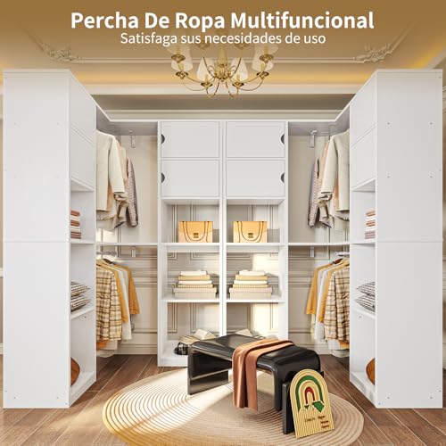 SIMPLE HOGAR Closet Armables para Ropa,Armarios para Ropa se Puede Cambiar Entre ángulo Recto y Esquina,Closet de Madera Está Equipado con 10 Espacios de Almacenamiento,170/W*202/H CM(Blanco)