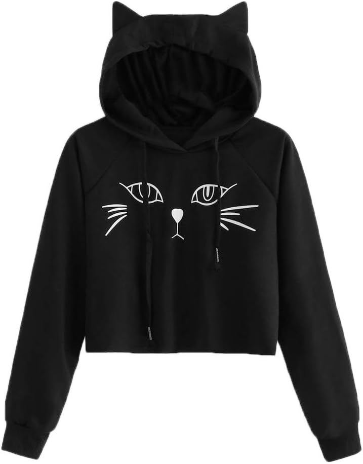 Mingfa Women Teen Girls Cute Cat Print Hooded Sweatshirt Crop Top Long Sleeve Casual Drawstring Short Hoodie Pullover(Multicolor,S)