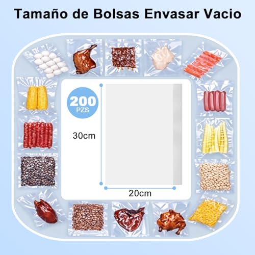 200PZS Bolsas para Sellar al Vacío 20*30cm, Bolsas de Vacio para Alimentos sin BPA, Bolsa Gofrada Envasar Resistente, Bolsa Lisa Empaque al Vacío para Congelar Conservación Cocción Verdura Fruta Carne