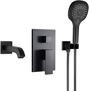 POP Matte Black Wall Mounted Tub Faucet with Hand Shower, Bathroom Wall Mount Tub Filler Spout Single Handle Solid Brass Bathtub Faucet with Handheld Shower for Bath