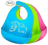 Bonim Silicone Baby Bib - Waterproof Adjustable Snaps Soft Rubber Feeding Bibs with Food Catcher for Babies or Toddlers - Easy Roll-Up Wipes Clean and Quick Drying (3Pack)