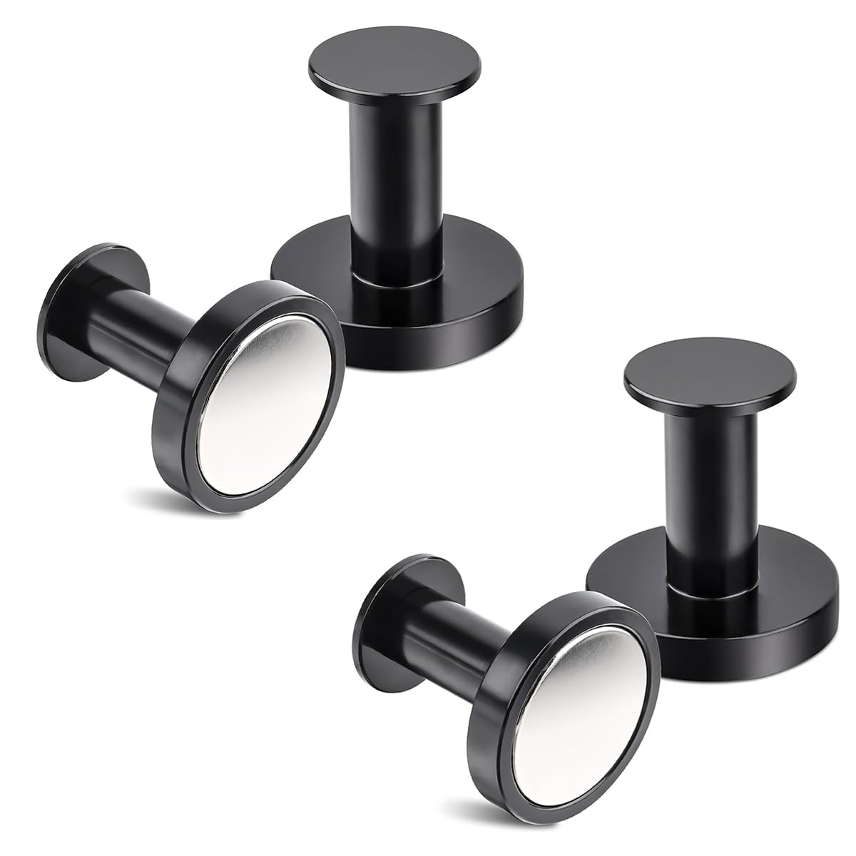 Sarini 4Pcs Magnetic Hooks, 36mm Magnetic Push Pin, N52 High Performance Black Magnetic Hooks, Neodymium Magnets, for Pins, Kitchen Hooks, Fridge