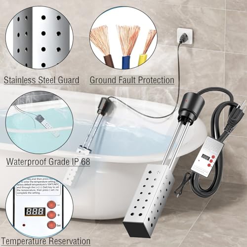 2000W Immersion Water Heater - Constant Temperature Electric Submersible Model with Stainless Steel Guard Cover and Built-in Digital LCD Thermometer