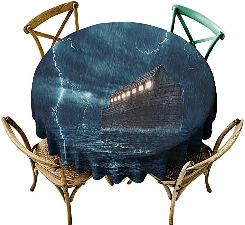 Washable Round Tablecloth Lake House Decor Old Nostalgic Wooden Boat Ship During a Rain and Lightning Storm Scary Dramatic Scene Party Decorations Table Cover Cloth 67 INCH Blue Brown