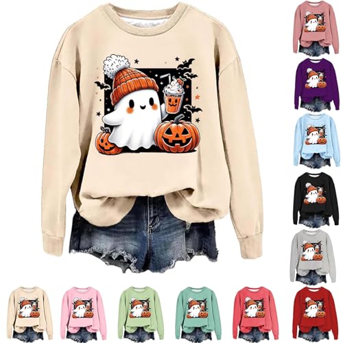 Halloween Clothing for Women Halloween Sweatshirt Costumes for Women UK Theme Month Pullover Tops Cosy Ghost Pumpkin Graphic Print Long Sleeve Women'S Outfits