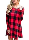 AlvaQ Women Loose Long Sleeve Checkered Plaid Swing T-Shirt Dress