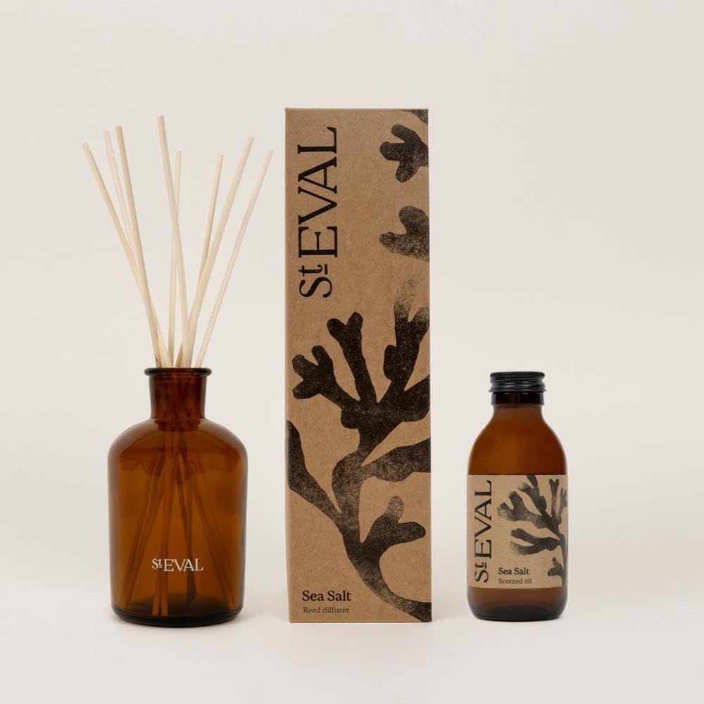 St Eval Reed Diffuser Gift Set - Diffuser, Refill and Reeds | Refreshing Aromatic Room Scent | Made in Cornwall | Scented Oil Reed Diffuser Refill | Ideal for Home and Office (Sea Salt)