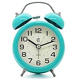 JCC 3" Retro Twin Bell Silent Non Ticking Sweep Second Hand Bedside Desk Analog Quartz Movement Alarm Clock with 5 min Snooze Repeat Alarm, Nightlight and Loud Alarm, Battery Operated (Turquoise)