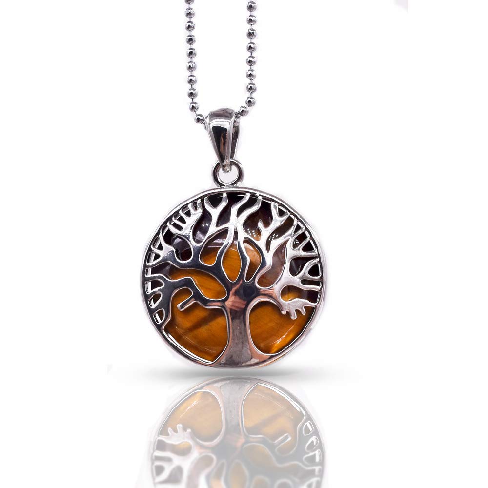 Thajaling Silver Tree of Life Tiger Eye Stone Pendant Crystal Healing Chakra Gemstones Reiki Necklace