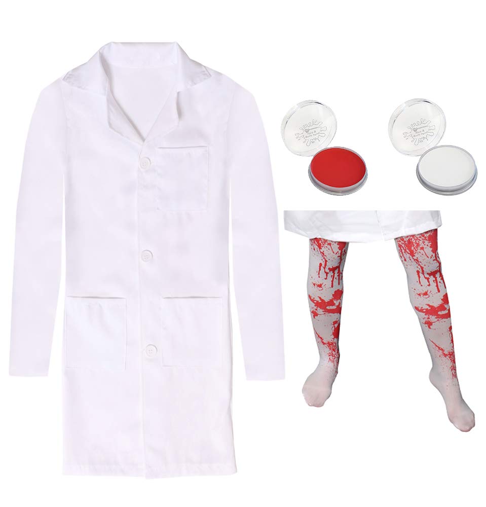 Girls Book Week Dentist Fancy Dress Costume. White Doctors/Dentists/Scientists Lab Coat + White & Red Facepaints + Blood Stained Tights. Perfect World Book Day Costume Girls. Size: Medium