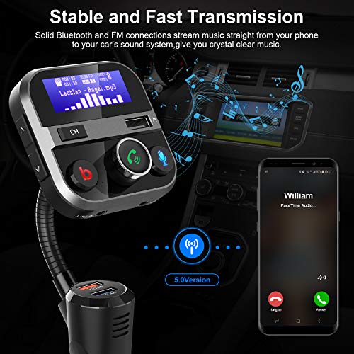 Car Bluetooth FM Transmitter FM Radio Adapter Handsfree Car Kit 1.7 Inch Screen with Bass Switch, 2.4A and QC3.0 USB Ports, Support for USB Drive, MicroSD, AUX Input/Output, TF Card Mp3 Player (Black)