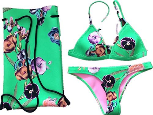 Brakinis Women's Neoprene Bikini Set Swimsuit Swimwear Bikini (L, GREEN CHEEKY)