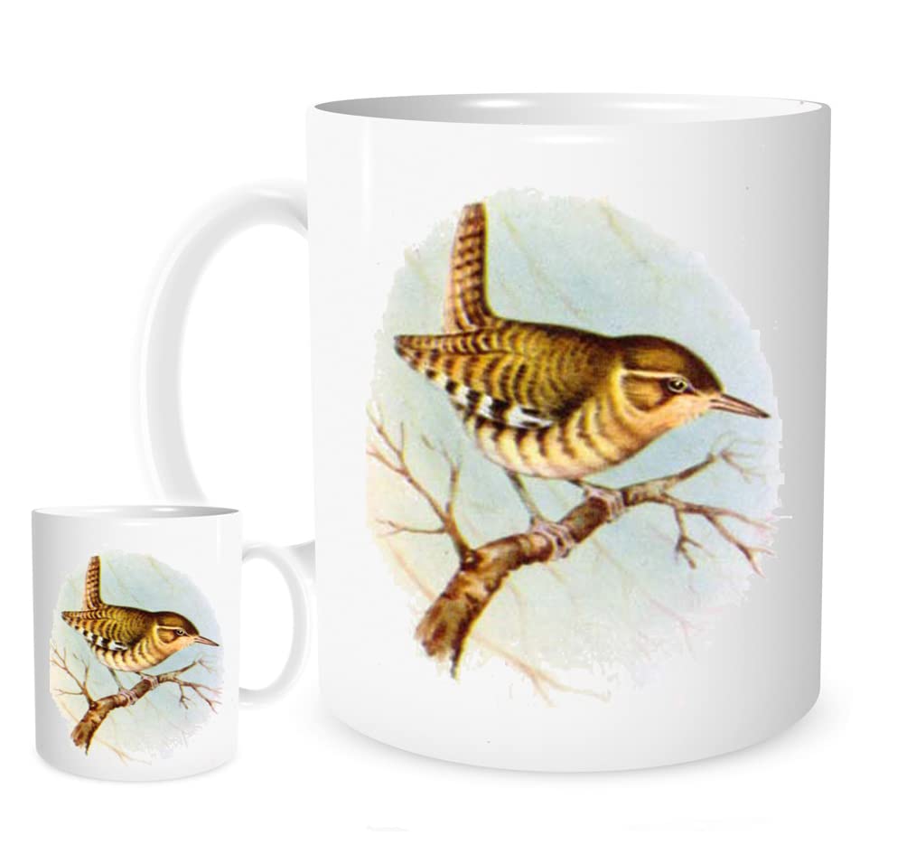Stoneys Badges Wren Mug 11oz – British Garden Bird Ceramic Coffee Cup with Soft Blue Background – Nature Lover Gift for Birdwatchers & Wildlife Fans