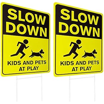 WaaHome 2 Pack Double Side Slow Down Signs with Metal Wire H-Stakes, 12''X17'' Kids and Pets at Play Yard Sign