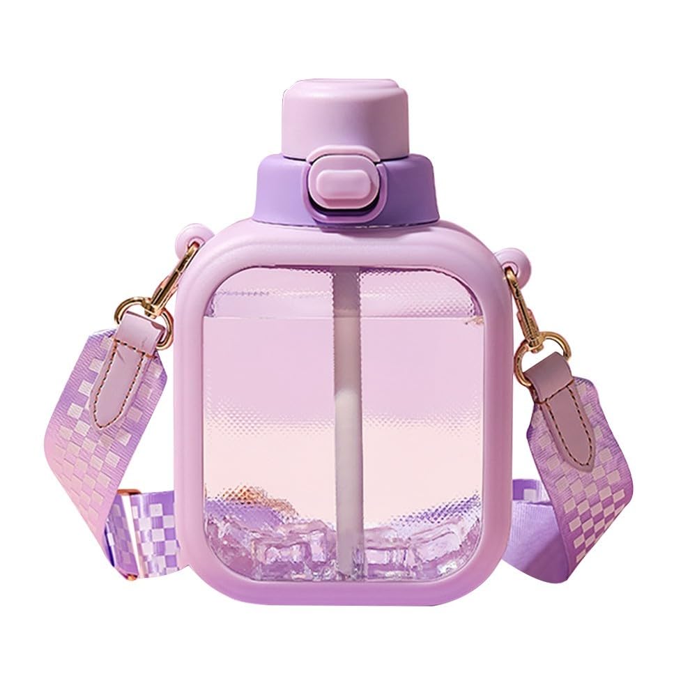 Flat Water Bottle, Cute Square Bottle with Straw & Strap Leakproof Outdoor Supplies for Women Girls Summer Sports 24oz (700ML)